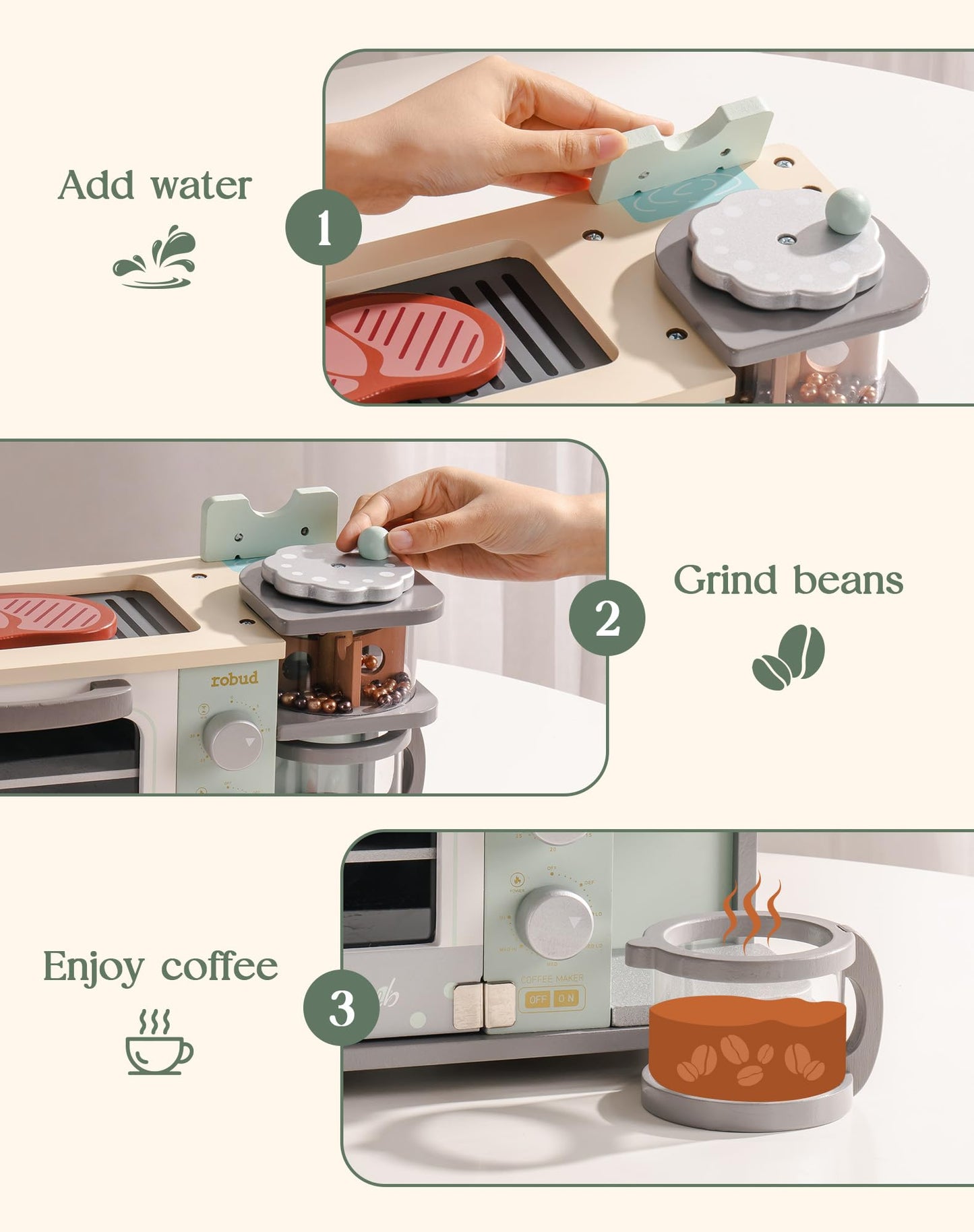 ROBUD Toddler Kitchen Playset - Wooden Breakfast Set with Coffee Maker, Toaster, Griddle, Play Food - Realistic Pretend Play App
