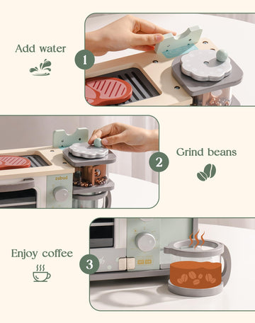 ROBUD Toddler Kitchen Playset - Wooden Breakfast Set with Coffee Maker, Toaster, Griddle, Play Food - Realistic Pretend Play App
