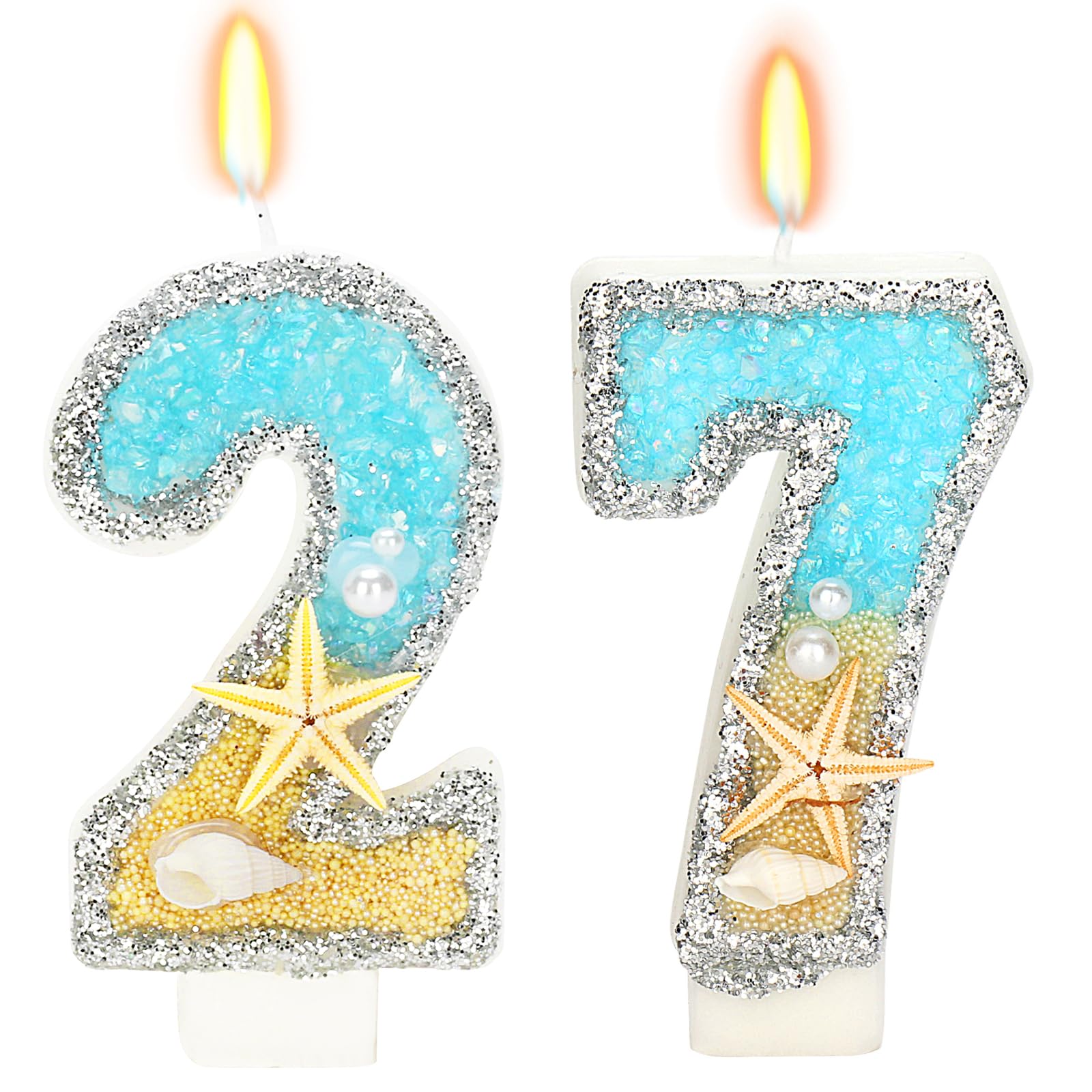 ElekFX 27th Birthday Candle for Cake, Beach Starfish Sequins Number Cake Candles, 2.76 inch Number 27 Happy Birthday Candle, Cak