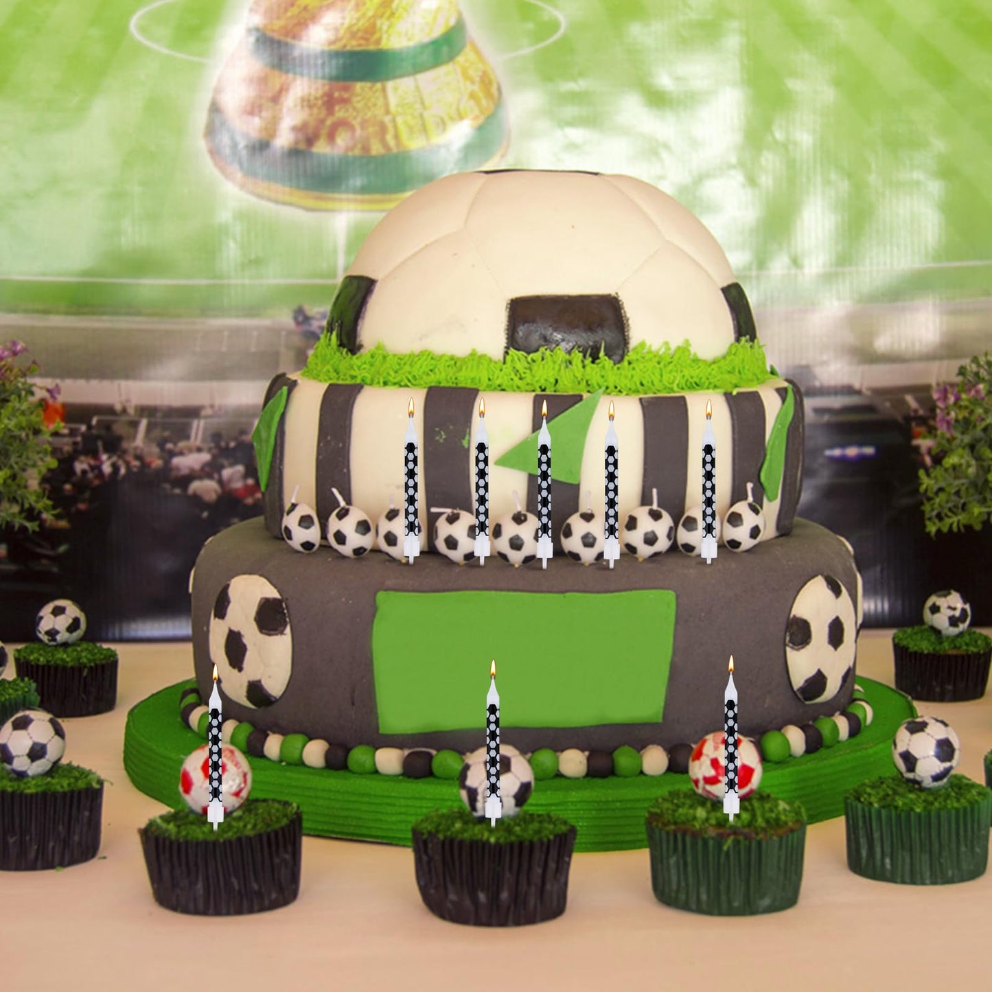 12pcs Black and White Checkered Flag Candles, Soccer Party Birthday Candles Charm Racing Cars Themed Candle for Sports Fans Birt