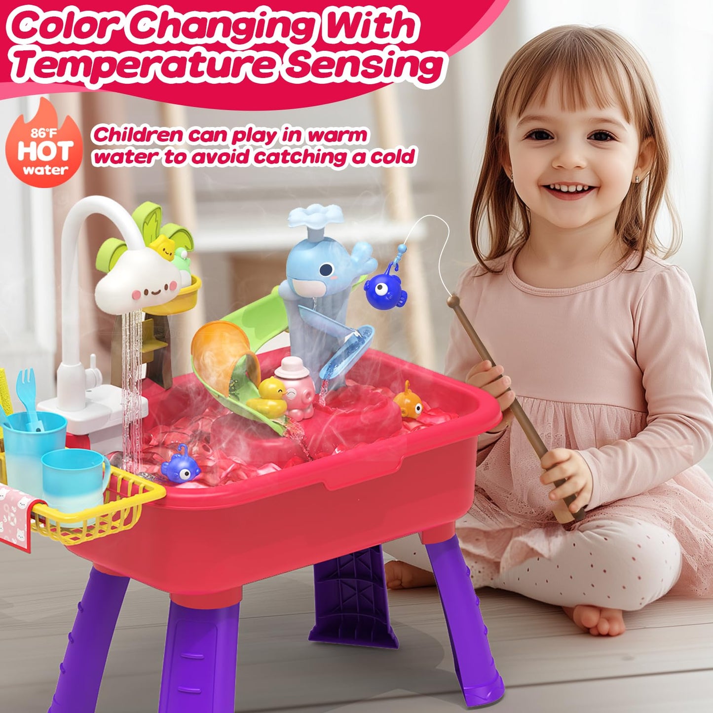Color Changing Kitchen Play Sink Toys with Running Water for Kid,Electric Dishwasher Playing Toy with Animals, Food, Tableware A
