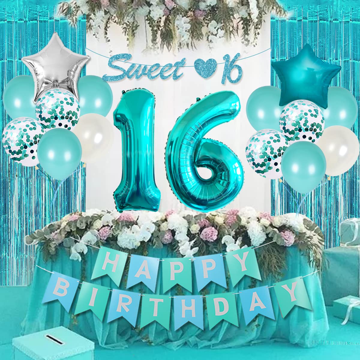 16Th Birthday Decorations For Girl Teal - Sweet 16Th Birthday Party Supplies Happy Birthday Banner Sweet 16Th Sash Cake Topper T