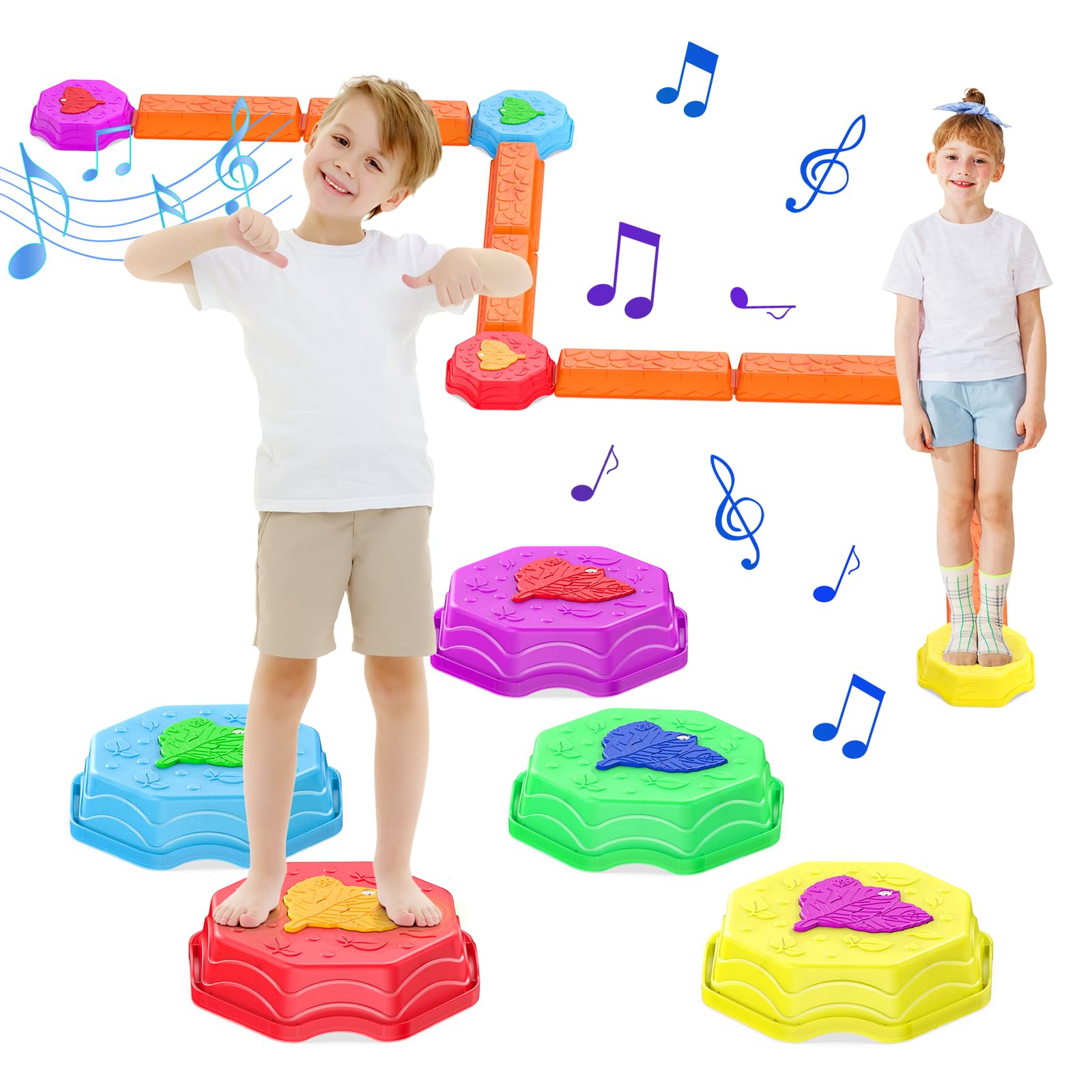 kenvc Balance Beams Stepping Stones for Kids,13 Piece Light up & Music Jumping Stepping Stones Non-Slip, Toddler Indoor or Outdo