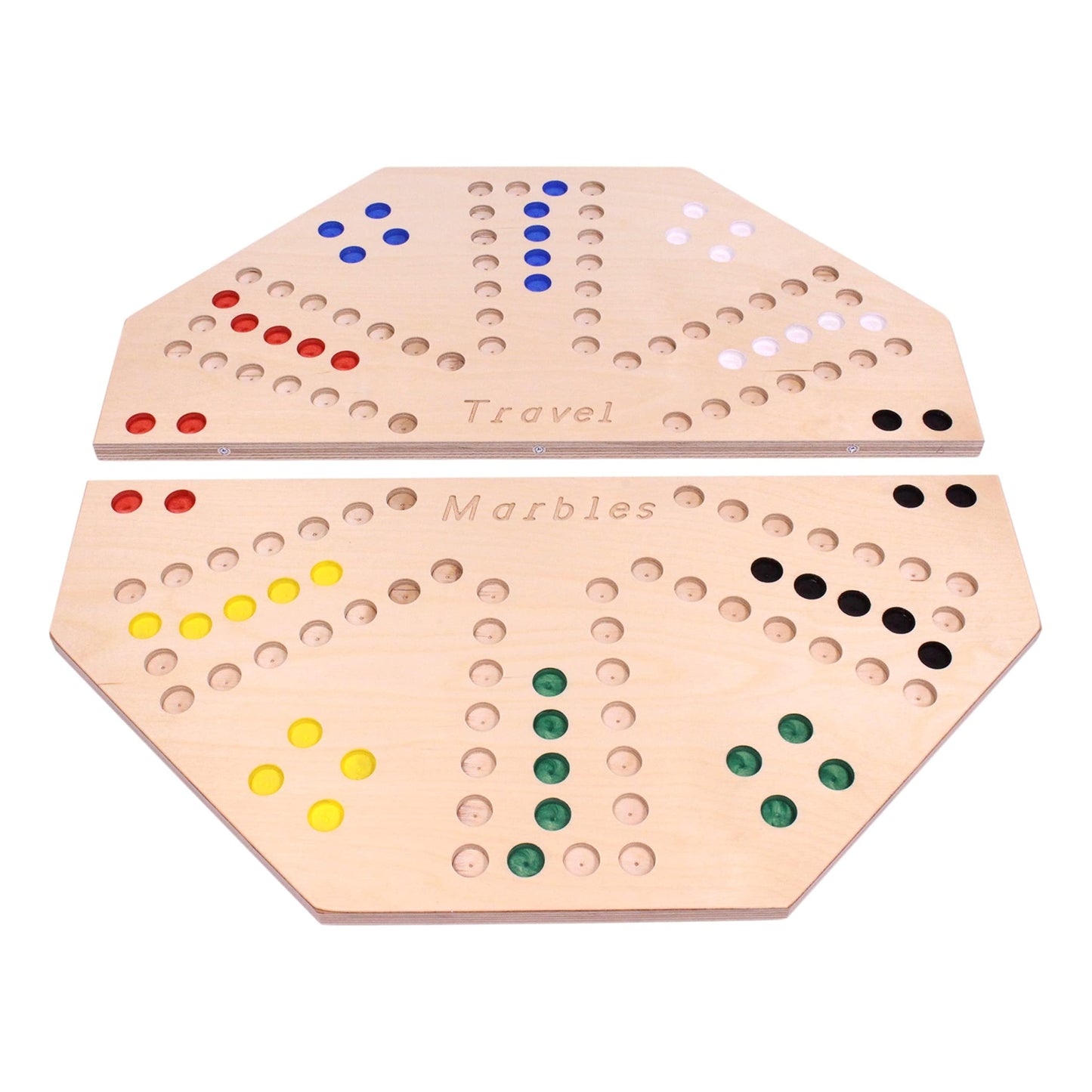 AmishToyBox.com Travel Marble Chase Wooden Board Game Set - Double-Sided 23" Board, Includes Carry Bag, Marbles, Cards - Beige