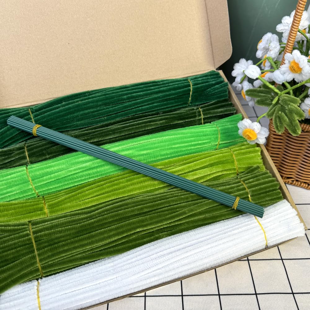 620 Pieces Green Pipe Cleaners Craft Set, 600 Pcs Chenille Stems with 20 Pcs Flower Stems, Craft Supplies Bulk for DIY Art and C