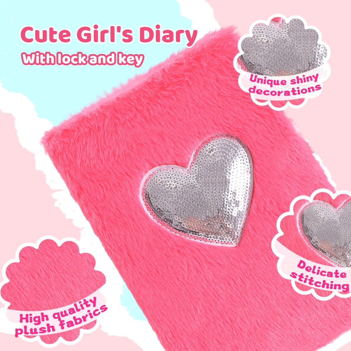 Prinbarbee Heart Diary For Girls With Lock And Keys, Cute Plush Diary Secret Diary, Writing Journal Lined Pages Notebook Sequine