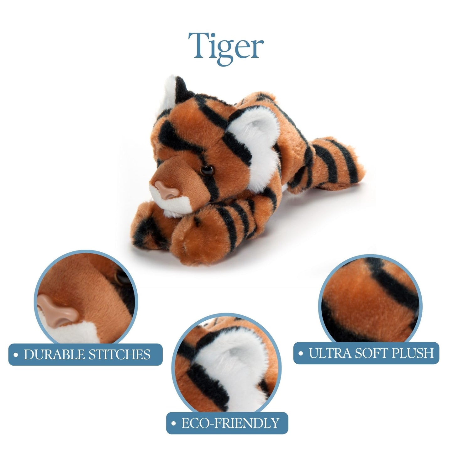 The Petting Zoo Tiger Stuffed Animal Plushie, Gifts for Kids, Scoopz Wildlife Animals, Orange Striped Tiger Plush Toy, 8 inches