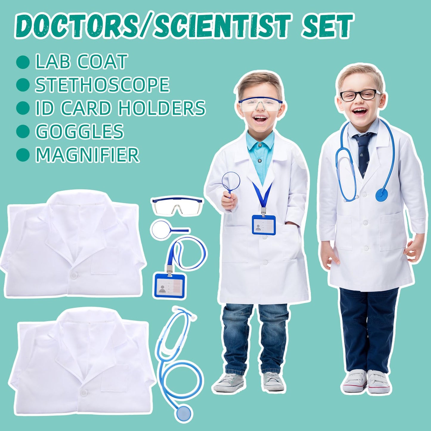 Vicenpal 4 Sets Kids Dress Up Costumes Police Officer Costume Doctor Construction Worker Fireman Costume Scientist Lab Dress Up