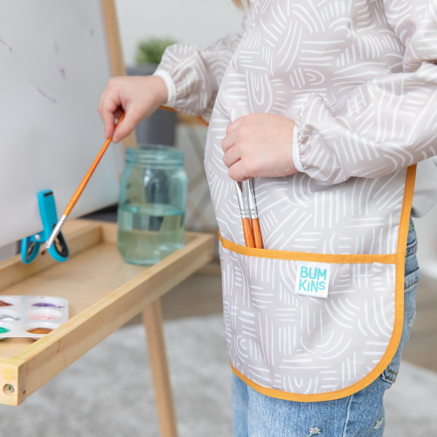 Bumkins Sleeved Smock, Toddler Reusable Waterproof Bib For Girls And Boys Ages 3-5 Years, Long Sleeve Childrens, Kids Paint Apron, Arts, Crafts And Play With Pocket, Soft Fabric, Boho Beige