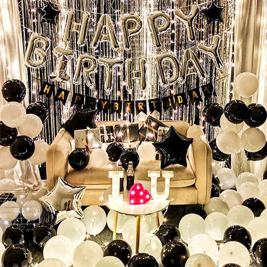 Hk Balloons Balloons? Pack Of 62? ?Silver ?Foil Happy Birthday Decoration With Led Birthday Decoration Combo Set For Birthday De
