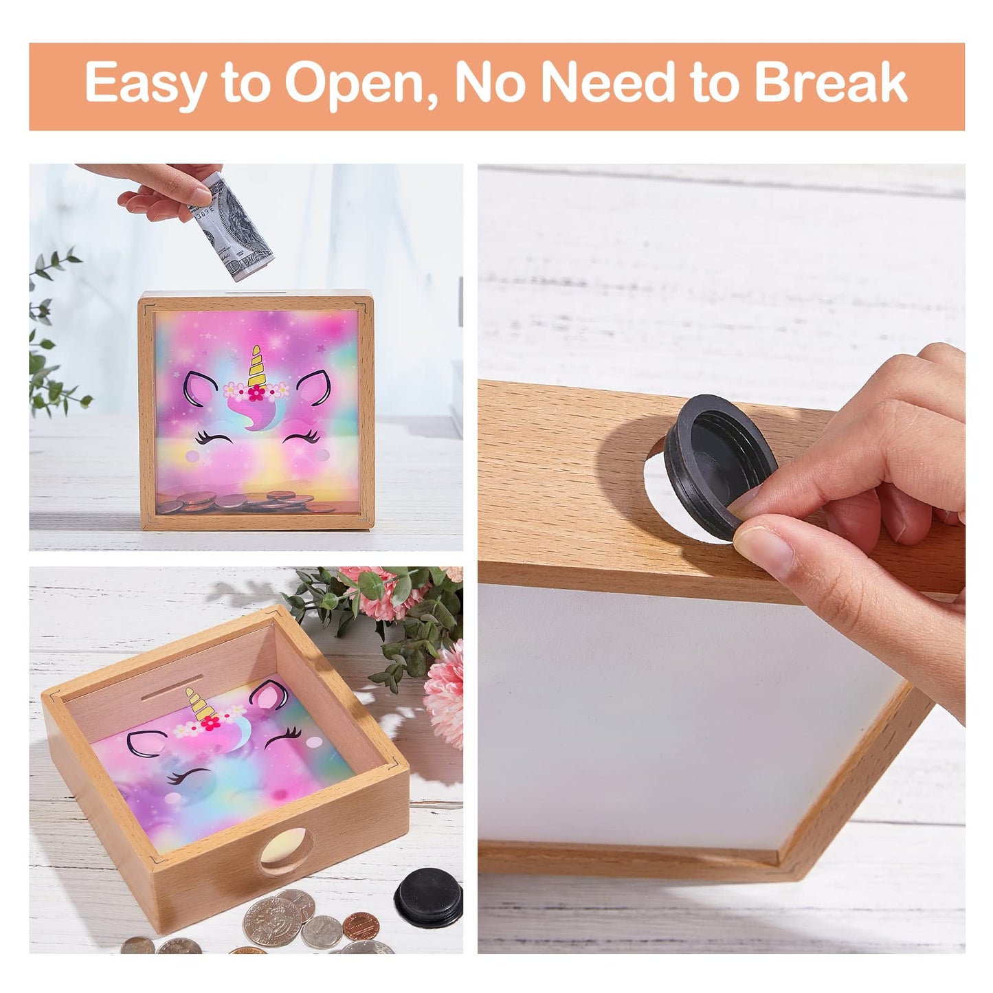 Piggy Bank Girls, Wooden Piggy Bank For Kids Unicorn Money Bank Coin Bank With Diy Letter Stickers,Colorful