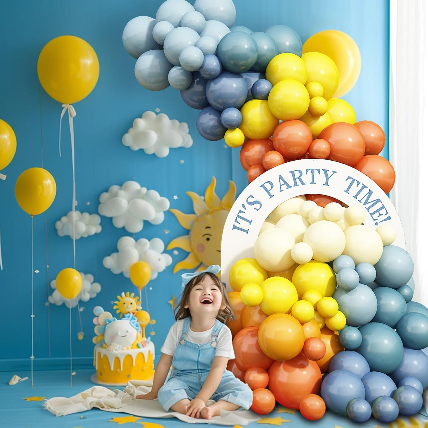 Here Comes The Son Baby Shower Decor Balloons Arch, 125 Pcs Retro Orange Blue And Yellow Balloons With 25 Inch Sunshine Sun Foil