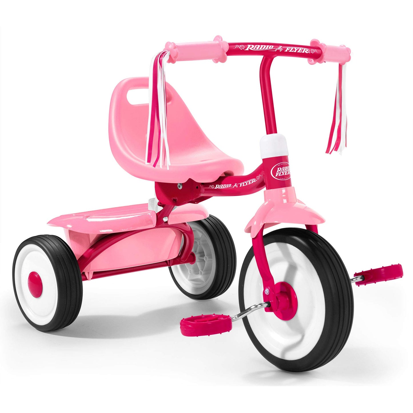 Radio Flyer 415PS Kids Trike - Adjustable Steel Frame, Pink, 15.35"L x 14.76"W x 21.26"H, Storage Bin & Handle Streamers