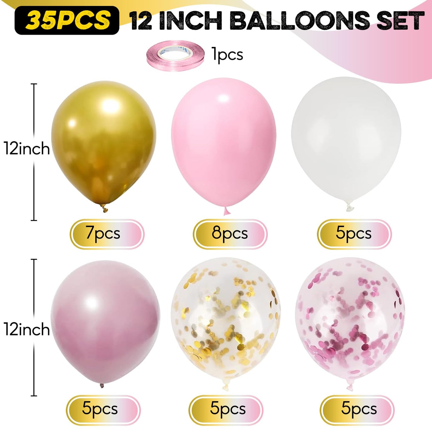 Pink Gold Balloons Set, 12 Inch Pink White Latex Balloons Pink Confetti Helium Balloons Pink And Metallic Gold Party Balloons Fo