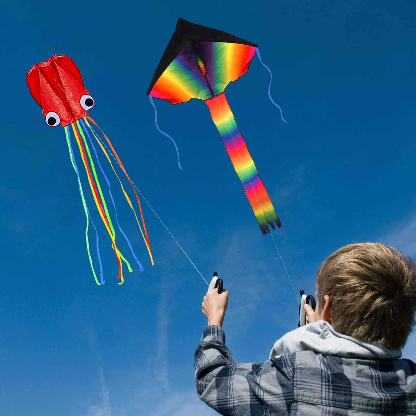 2 Pack Kites - Large Rainbow Kite and Red Mollusc Octopus with Long Colorful Tail for Children Outdoor Game Activities Beach Trip Great Gift to Kids Childhood Precious Memories