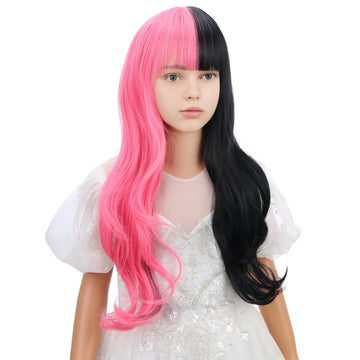 Wavelnm Kids Black Pink Wig With Bangs Child Half Pink And Half Black Wig Long Wavy Curly Wig For Girls Synthetic Wigs With Wig
