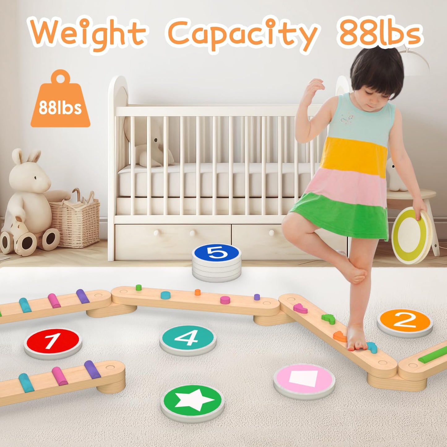 Haftkd Wooden Balance Beam, Perfect Toddler Indoor Activity To Improve Balance And Coordination Skills - Safe Non-Slip Obstacle