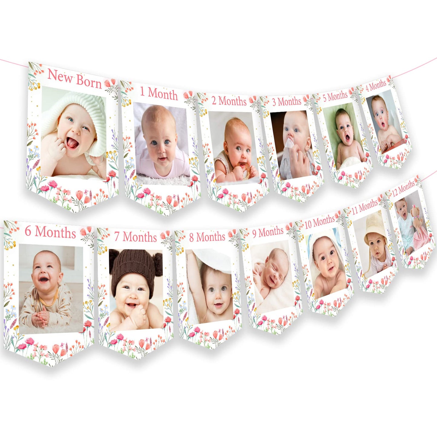 Fangleland Wildflower Theme 1st Birthday Photo Banner from Newborn to 12 Months for Girls, Growth Record Monthly Milestone Pictu