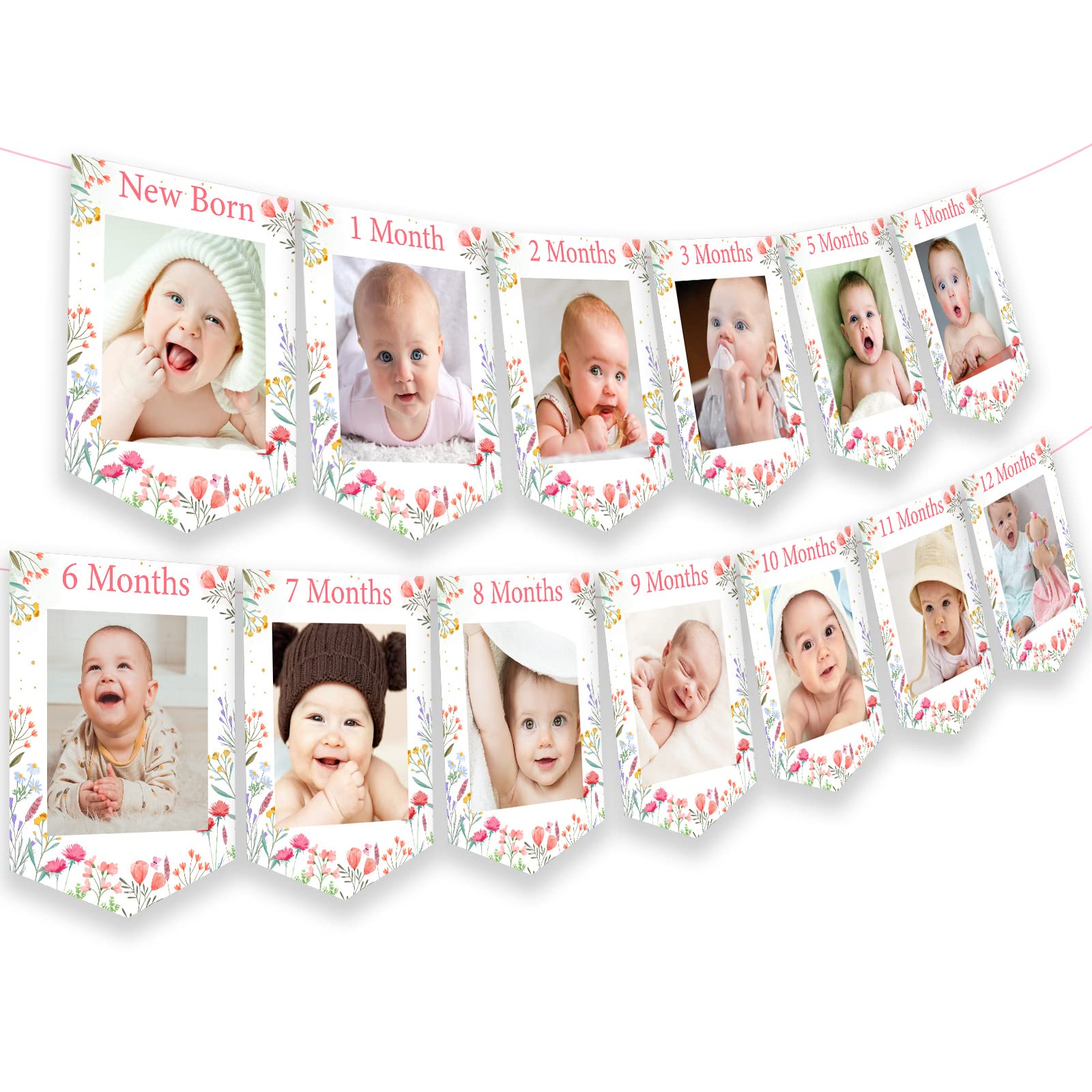 Fangleland Wildflower Theme 1st Birthday Photo Banner from Newborn to 12 Months for Girls, Growth Record Monthly Milestone Pictu