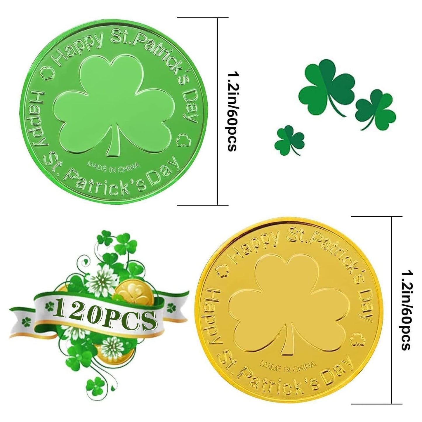Lippbest St Patrick's Day Gold and Green Lucky Coins - 120 Pcs Plastic Shamrock Leprechaun Coins for Irish Party Table Decoratio
