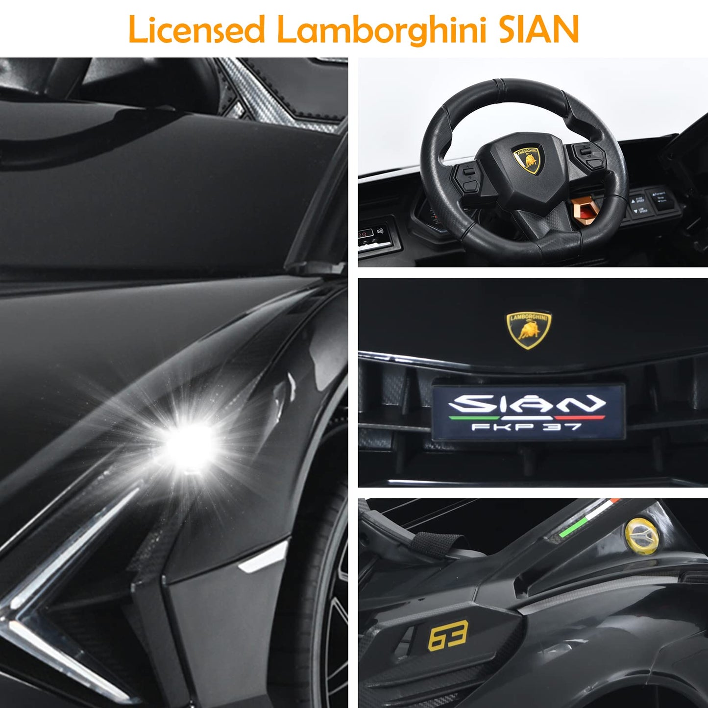 Olakids Kids 12V Licensed Lamborghini Sian Ride On Car, Electric Vehicle For Toddler With Control Remote, Battery Powered Toy With Music, Horn, 2 Speeds, Suspension, Led Lights, Bluetooth (Black)