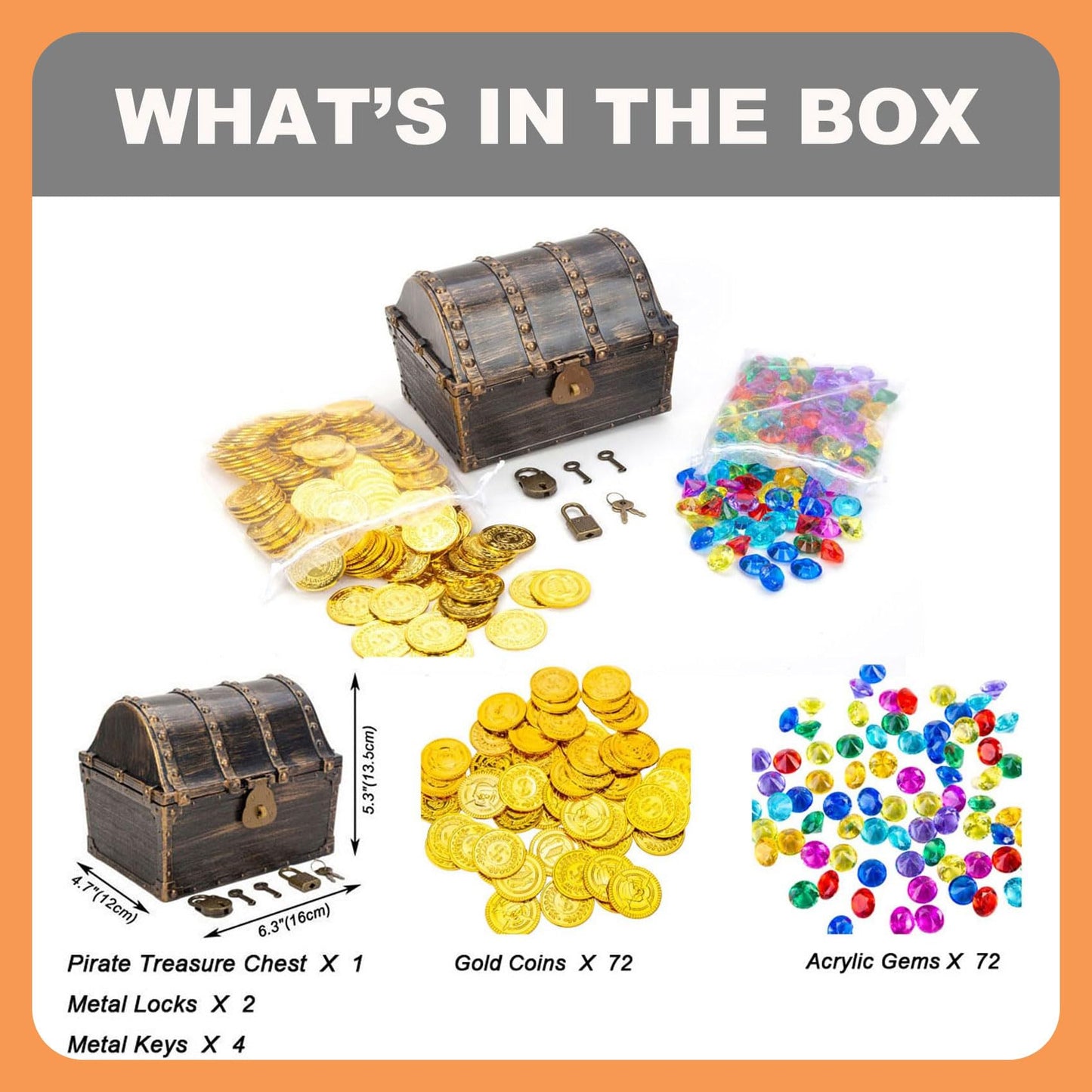 AiFanS Treasure Chest for Kids - Medium Plastic Chest with 288 Gold Coins & Gems - Perfect for Pirate Parties and Games