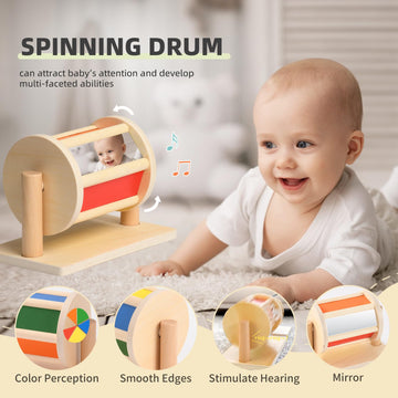 Toyssa Montessori Toys For Babies 0-6 Months, 6 In 1 Wooden Learning Educational Sensory Toys With Spinning Drum & Tissue Toys & Baby Rattle & Flash Card, Birthday Gifts For Babies Boys Girls