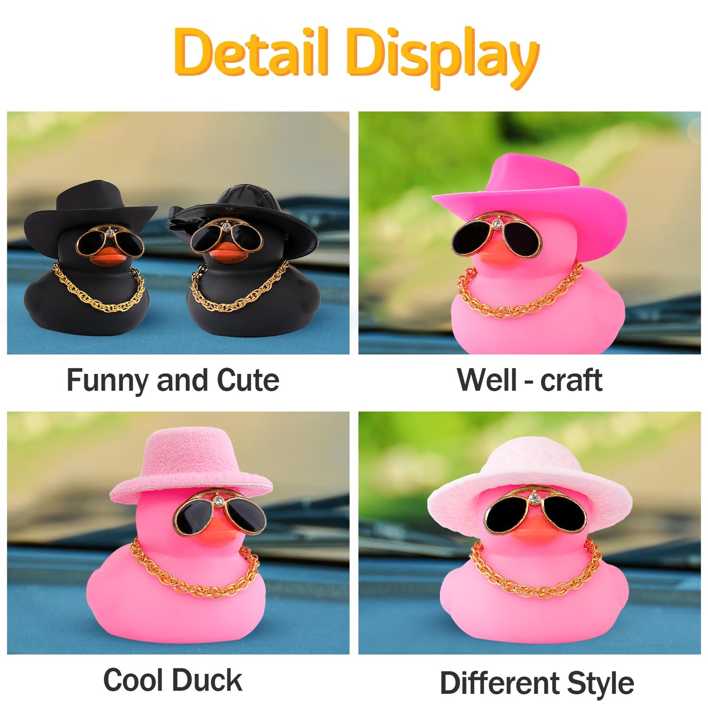 Wonuu Car Dashboard Rubber Duck Ornament, Car Decoration Colour Ducks Accessories With Mini Hat Necklace And Sunglasses, M-Pink-