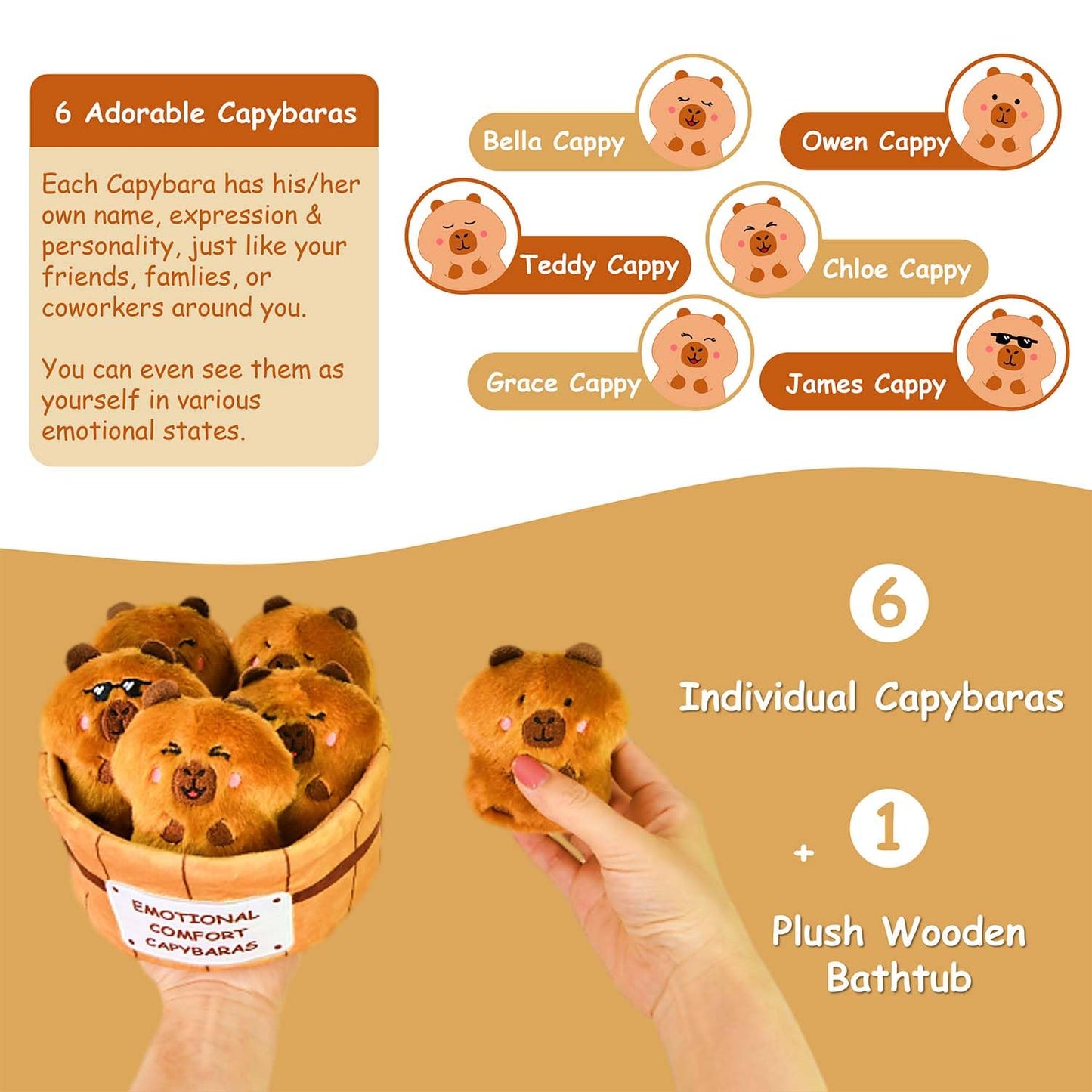 Inspirational Emotional Support Capybara Plush Toy, 6 Cute Stuffed Capybaras Soak in 1 Plush Bathtub, Funny Stuffed Animal Gift