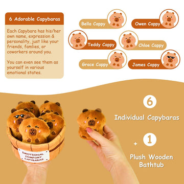 Inspirational Emotional Support Capybara Plush Toy, 6 Cute Stuffed Capybaras Soak in 1 Plush Bathtub, Funny Stuffed Animal Gift