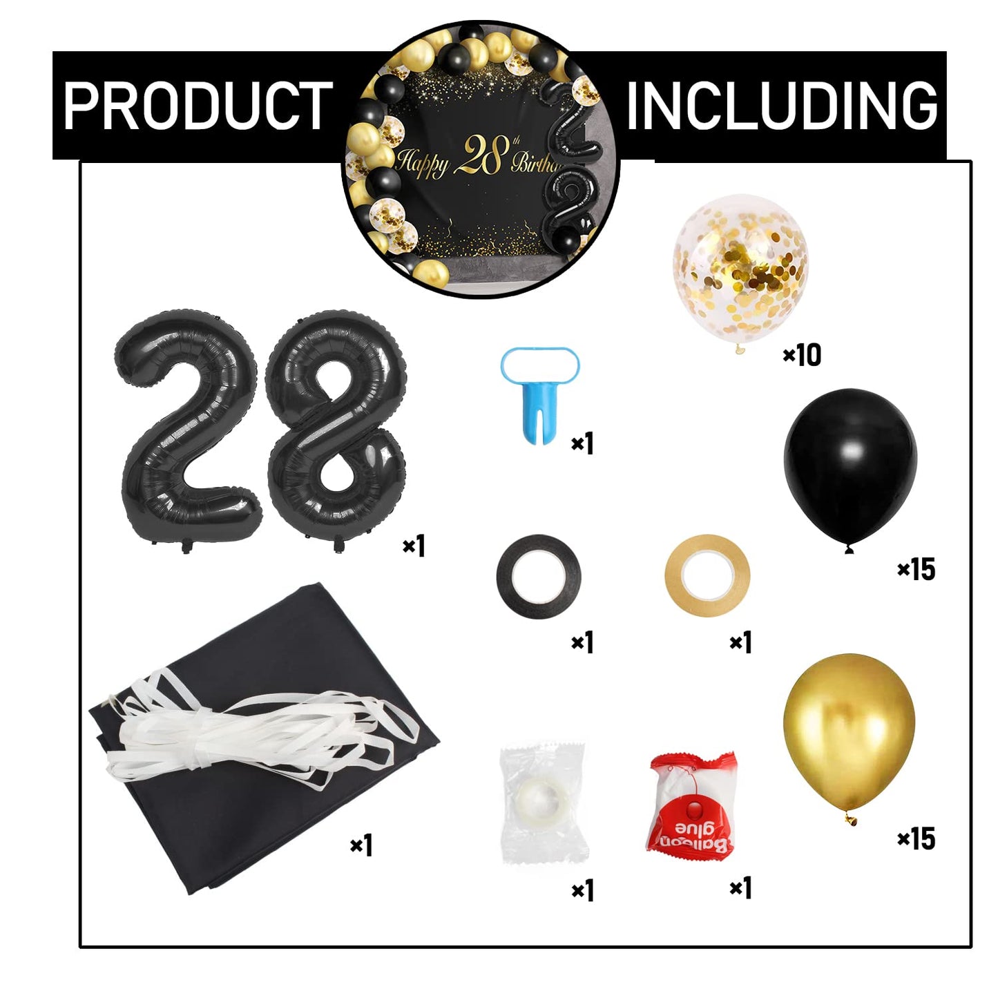 Happy 28Th Birthday Balloons Black Set Decor - Cheers To 28 Years Old Party Theme Garland Banner Backdrop Decorations For Women