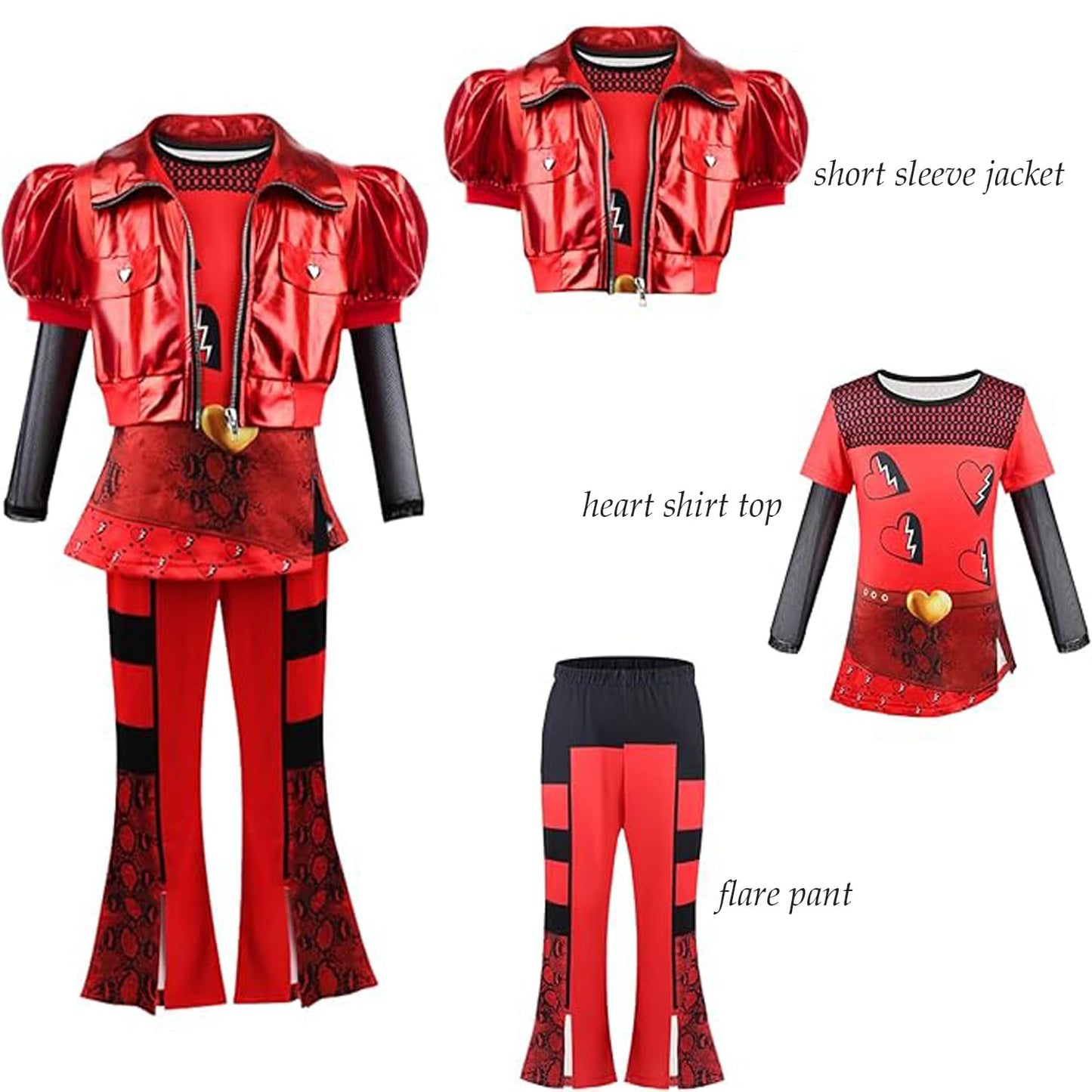 D.O.T Girls Rise Red Costume Includes Red Heart Jacket Shirt Flared Pants Wig Gloves 5Pcs Halloween Princess Dress Up 3-14Y (Red, 3-4Years)