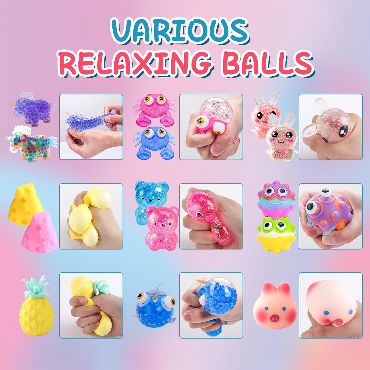 54 Pack Stress Balls, Squishy Balls, Squeeze Balls For Adults, Stress Relief Balls, Prize Box Stuffers, Party Favors