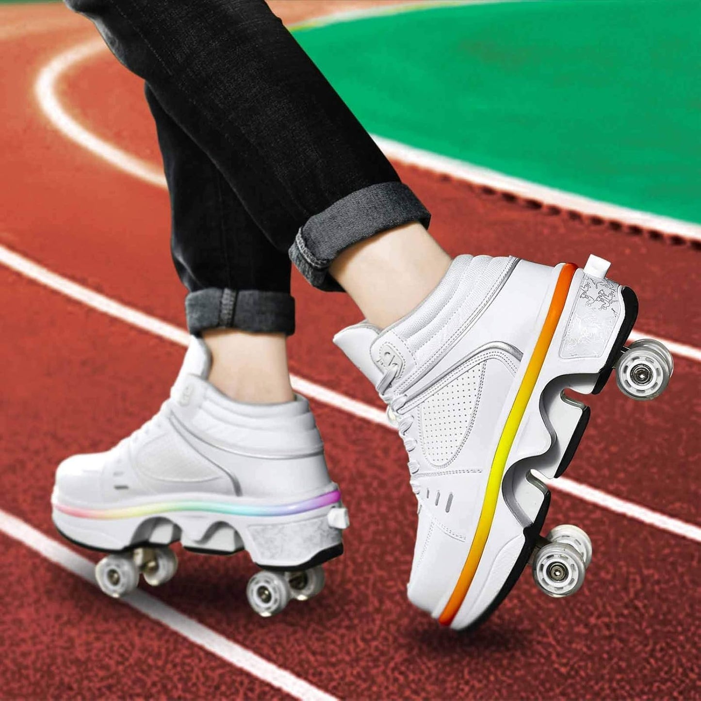 Double-Row Deform Wheel Automatic Walking Shoes Invisible Deformation Roller Skate 2 in 1 Removable Pulley Skates Skating Parkour (with Light  US 10.5)