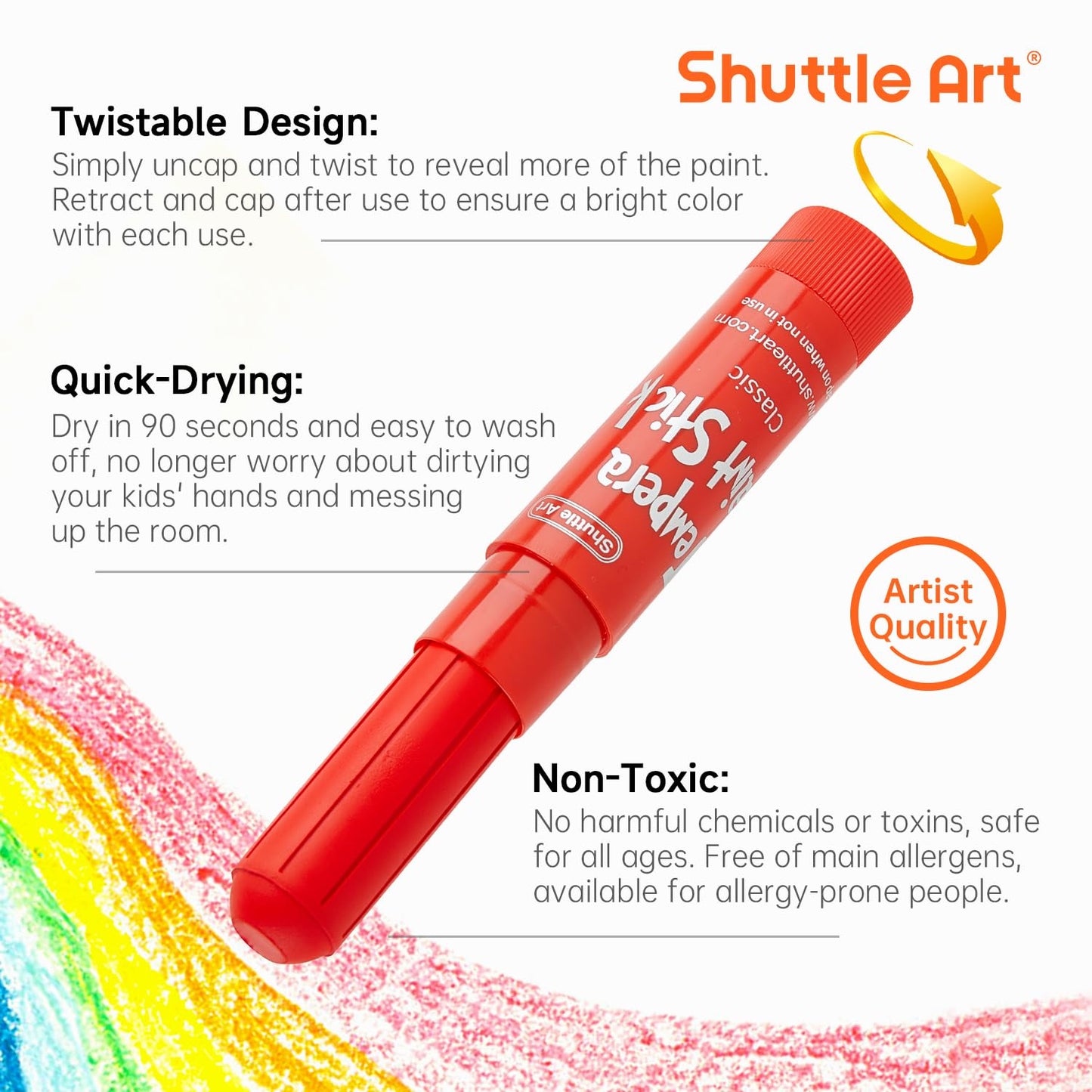 Shuttle Art Tempera Paint Sticks - 15 Colors, Quick-Drying, Washable, 1 Count (Pack of 15)