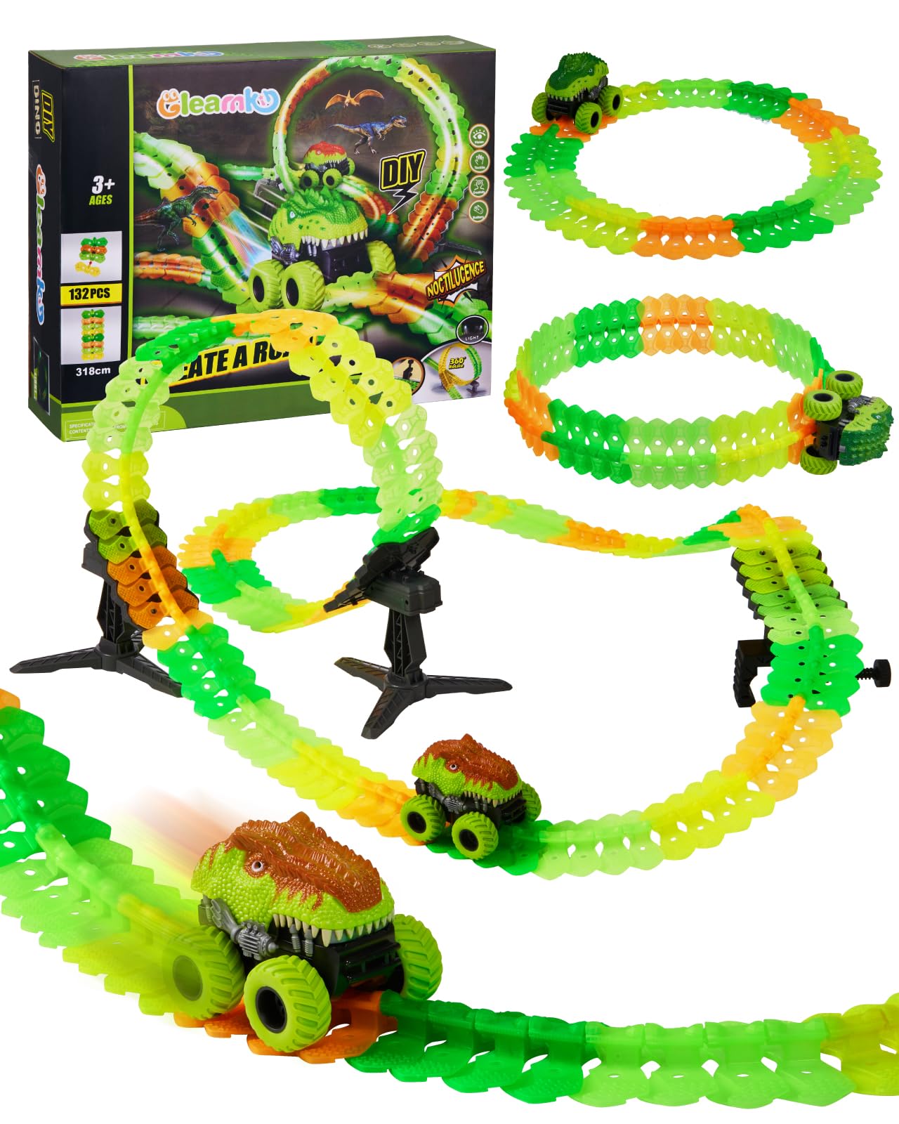 Magic Car Track Set, 154PCS Glow Race Track, Flexible Race Car Tracks, Dinosaur Train Set Glow in The Dark, Race Tracks for Kids