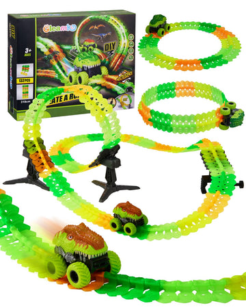 Magic Car Track Set, 154PCS Glow Race Track, Flexible Race Car Tracks, Dinosaur Train Set Glow in The Dark, Race Tracks for Kids