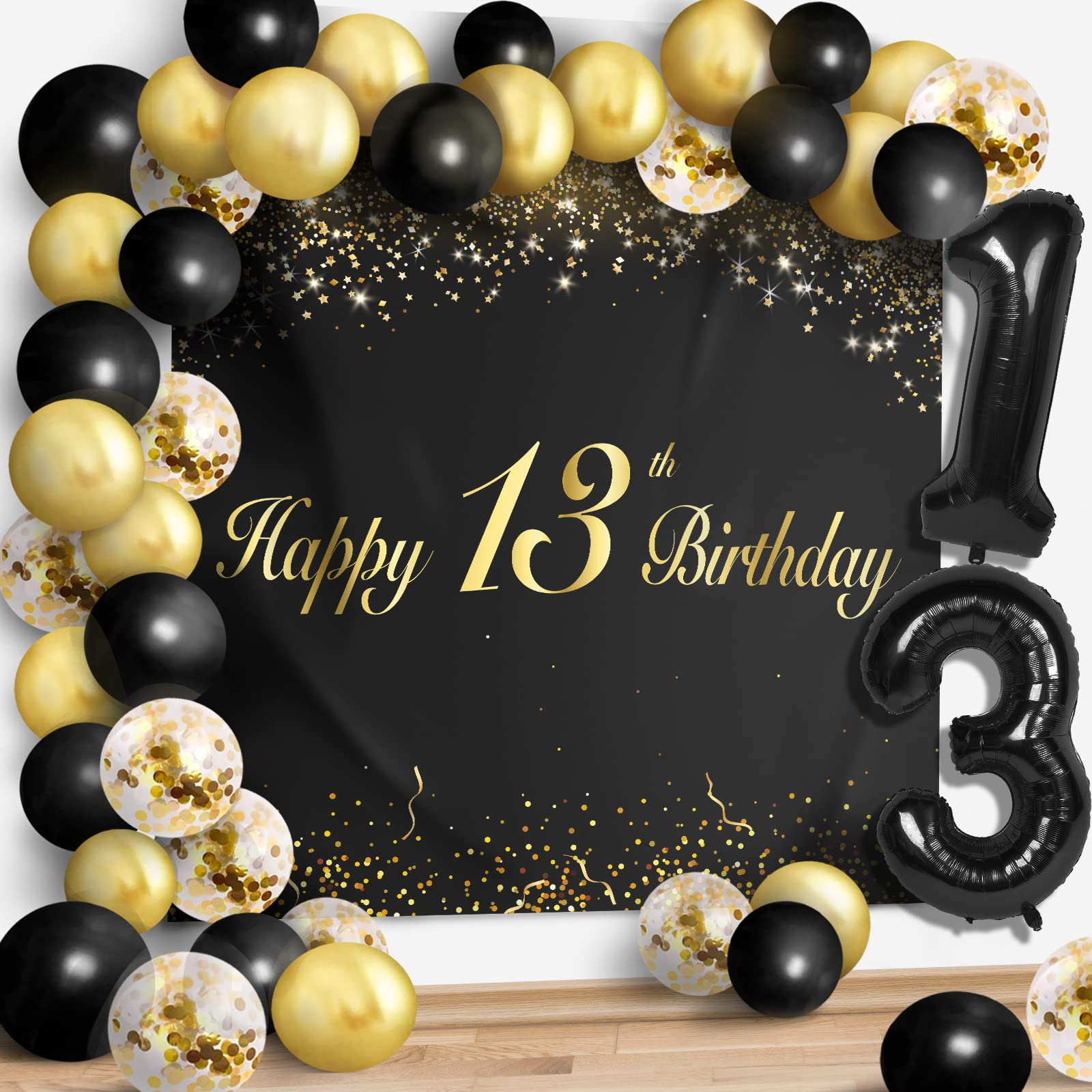 Happy 13Th Birthday Balloons Black Set Decor - Cheers To 13 Years Old Party Theme Garland Banner Backdrop Decorations For Boy An
