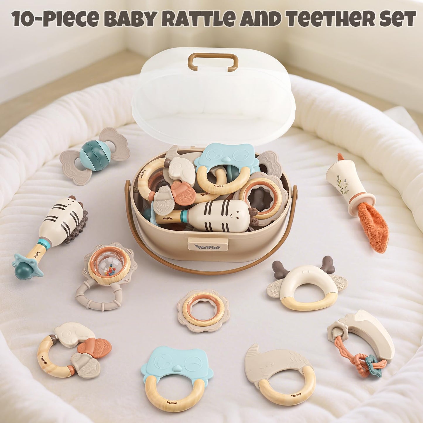 Baby Rattles & Teethers Set - Baby Toys 0-6 Months  Teething Toys 3-6 Months  Sensory Toys with Soft Textures  Gentle Sounds & Easy-Grip Shape  Neutral Newborn Gift(10-Pack)