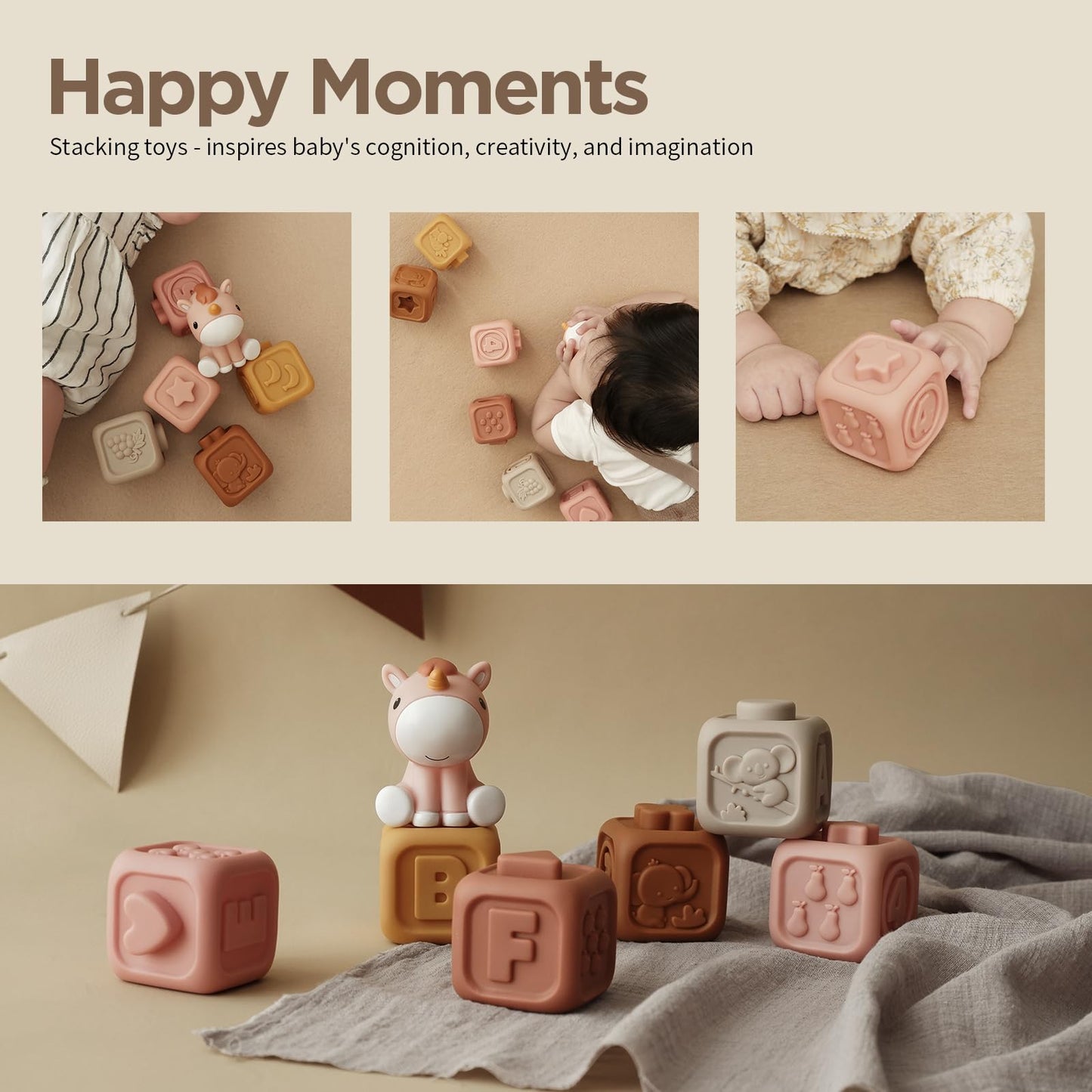 Nueplay 7 Pcs Soft Building Blocks, Montessori Sensory Stacking Squeeze Toys With Horse Figure, Early Educational Toy For 6 12 18 Months Baby Toddler Boys Girls