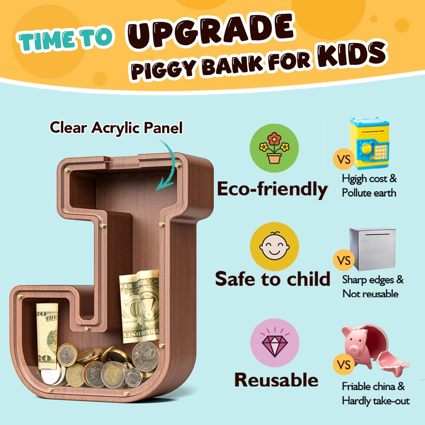 Summidate Wooden Letter Piggy Bank  Extra Thick Large Capacity Piggy Bank for Kids Boys Girls Toddler  Alphabet J Money Bank| Coin Box Birthday  Christmas  Festival