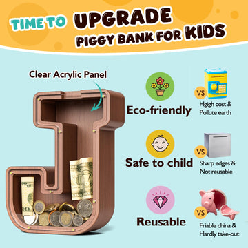 Summidate Wooden Letter Piggy Bank  Extra Thick Large Capacity Piggy Bank for Kids Boys Girls Toddler  Alphabet J Money Bank| Coin Box Birthday  Christmas  Festival