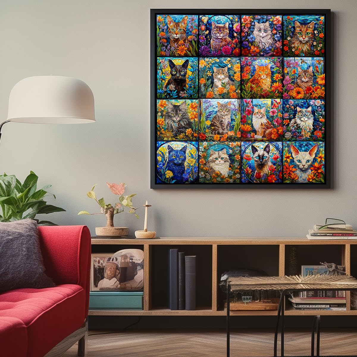 Bgraamiens Puzzle-Mosaic Art Cats-1000 Pieces Mosaic Art Puzzle For Adults, Stained Glass Art Puzzle With Cats And Flowers, Impossible Puzzle Color Challenge Cats Puzzle For Adults