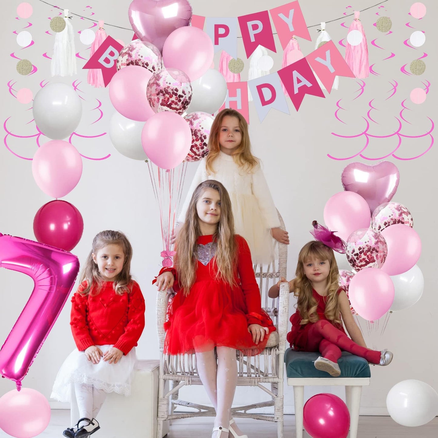 Sweet 7Th Birthday Decorations For Girls, Pink And White 7 Happy Birthday Balloons,7Th Birthday Party Supplies For Daughter Her