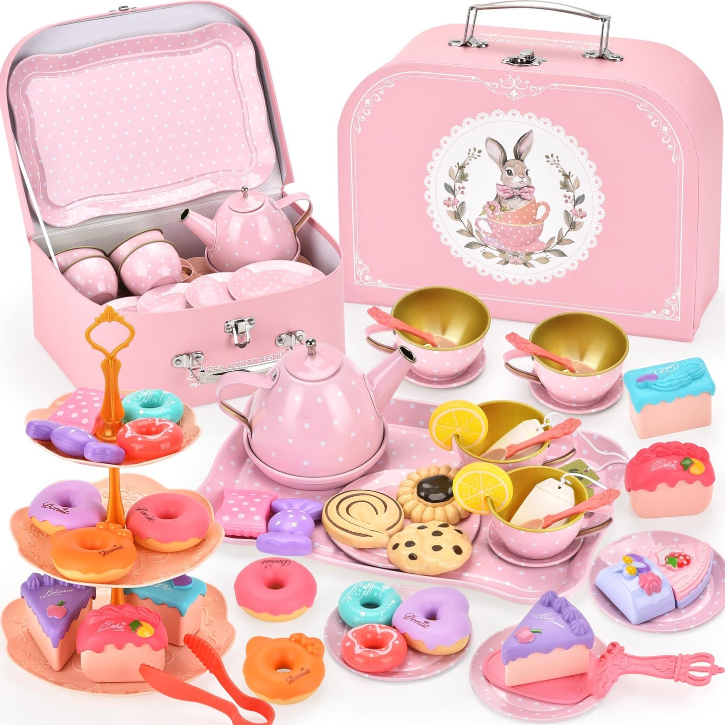 Lajeje Tea Party Set For Girls - Princess Toddler Birthday Gift, Bunny Tea Time Toys With Teapot, Desserts, Cups, Plates & Carry