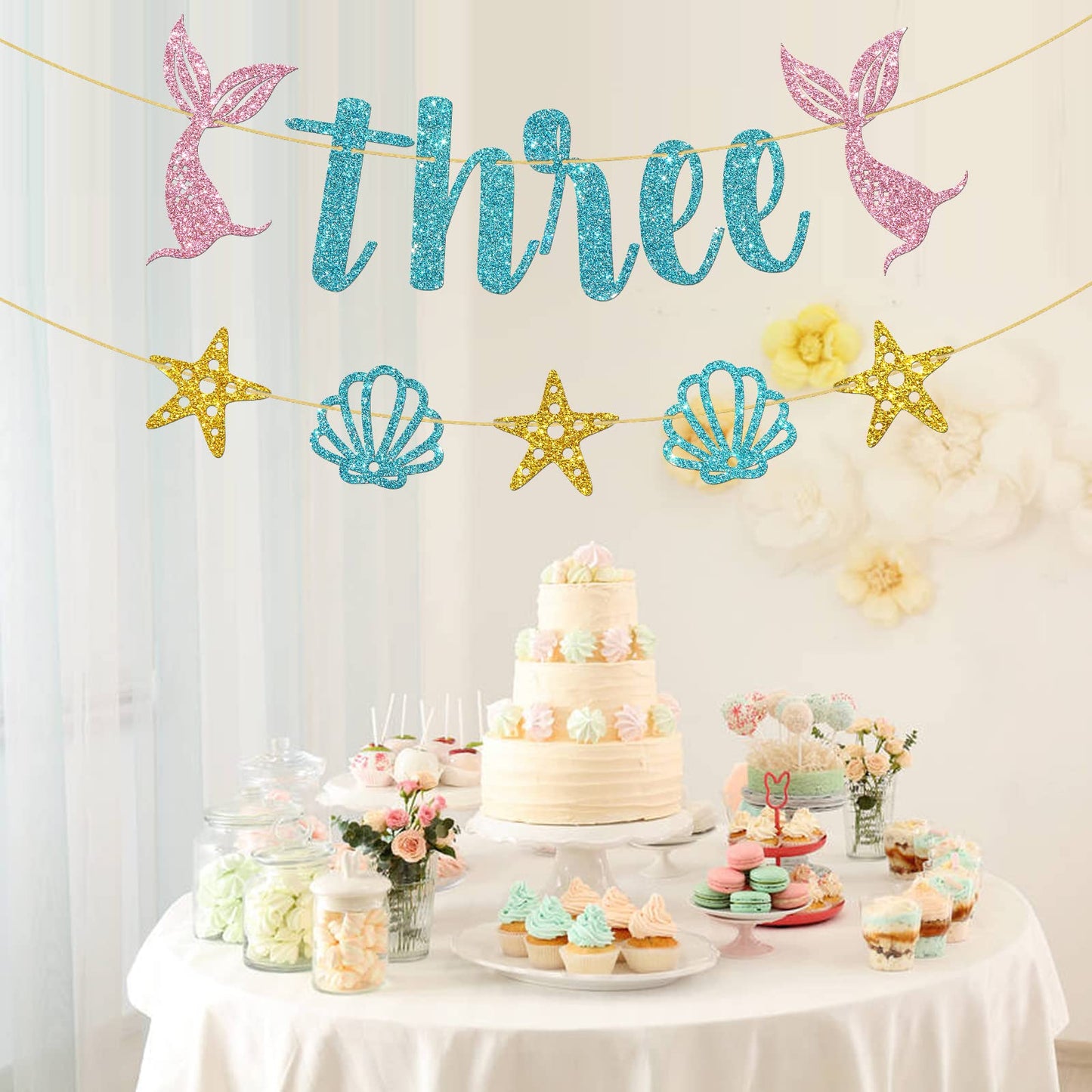 WeBenison Mermaid 3rd Birthday Banner - Pink & Blue Glitter Paper Bunting for Under The Sea Party Decorations