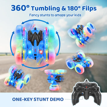 SGILE Remote Control Car, Stunt Car with Sides Light Strip and Headlights, 2.4Ghz Double Sided 360 Flips Rotating Race Car, Rech