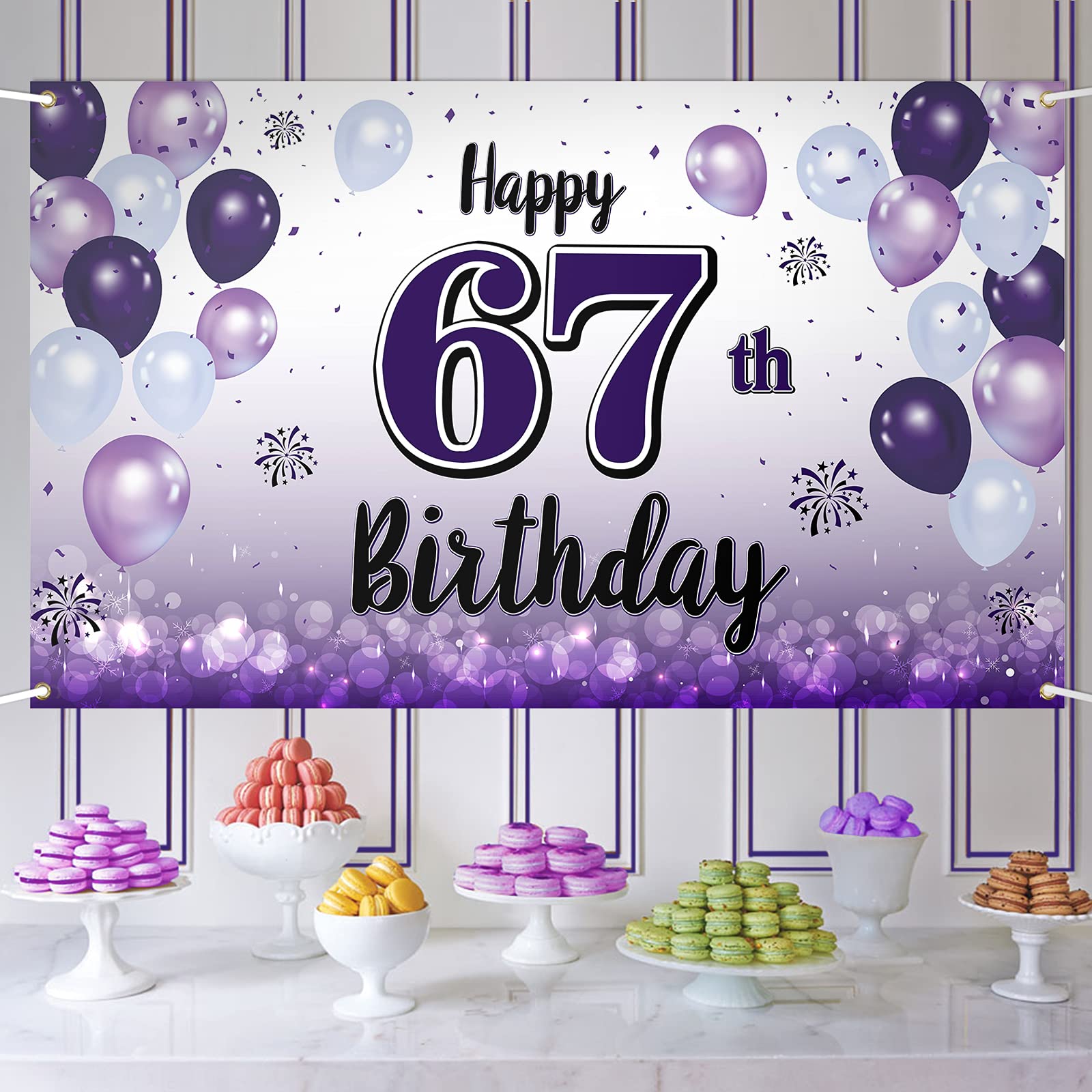 LASKYER Happy 67th Birthday Decorations,67th Purple Balloon Large Birthday Banner Backdrop Sign,67 Years Old Bday Party Supplies