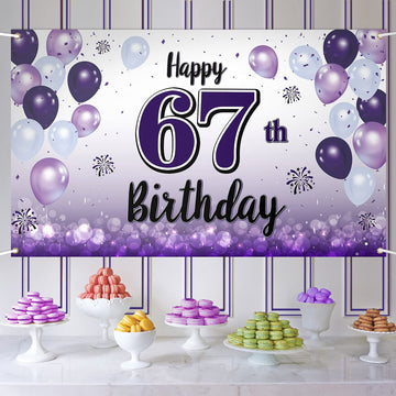 LASKYER Happy 67th Birthday Decorations,67th Purple Balloon Large Birthday Banner Backdrop Sign,67 Years Old Bday Party Supplies