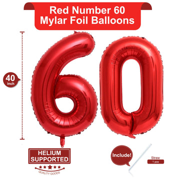 40 Inch Red Number 60 Balloons Giant 60 Balloons Red Birthday 60 Balloons 60 Birthday Anniversary Party Decorations Supplies